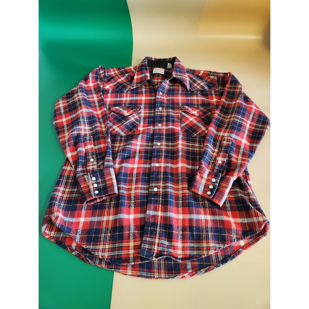 Wrangler Western Shirt Mens 17.5 x 35 Red Plaid Pearl Snap Made in USA Long Tail